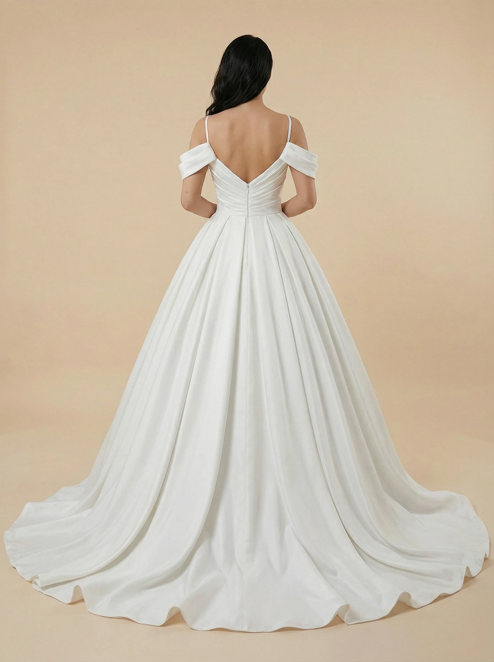 A-Line Cold Shoulder V-Neck Satin Maxi Long Wedding Dresses