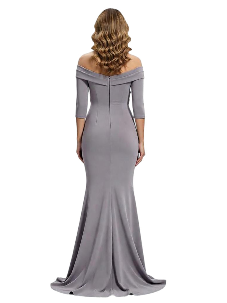 Chicsew Elegant Off Shoulder Long Sleeves Ruched Floor Length Mermaid Mother Of The Groom Dress