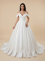 A-Line Cold Shoulder V-Neck Satin Maxi Long Wedding Dresses