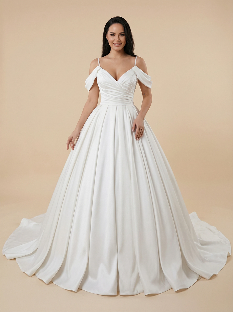 A-Line Cold Shoulder V-Neck Satin Maxi Long Wedding Dresses