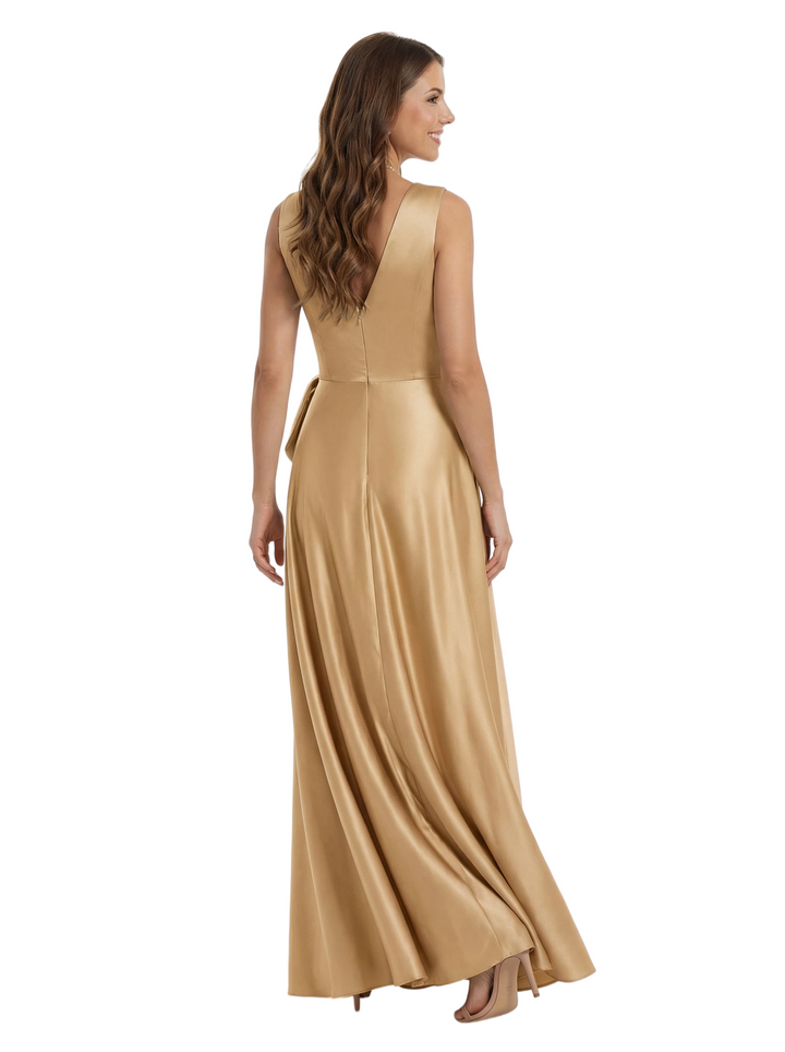 Elegant Ruched Satin Mother Of The Bride Dress V-Neck Maxi Gown Side Slit