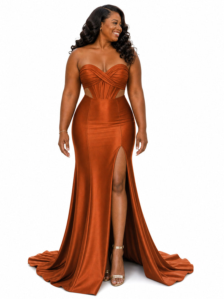 ChicSew Sexy Sweetheart Ruching Side Slit Mermaid Soft Satin Long Bridesmaid Dresses
