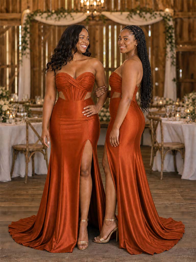 ChicSew Sexy Sweetheart Ruching Side Slit Mermaid Soft Satin Long Bridesmaid Dresses