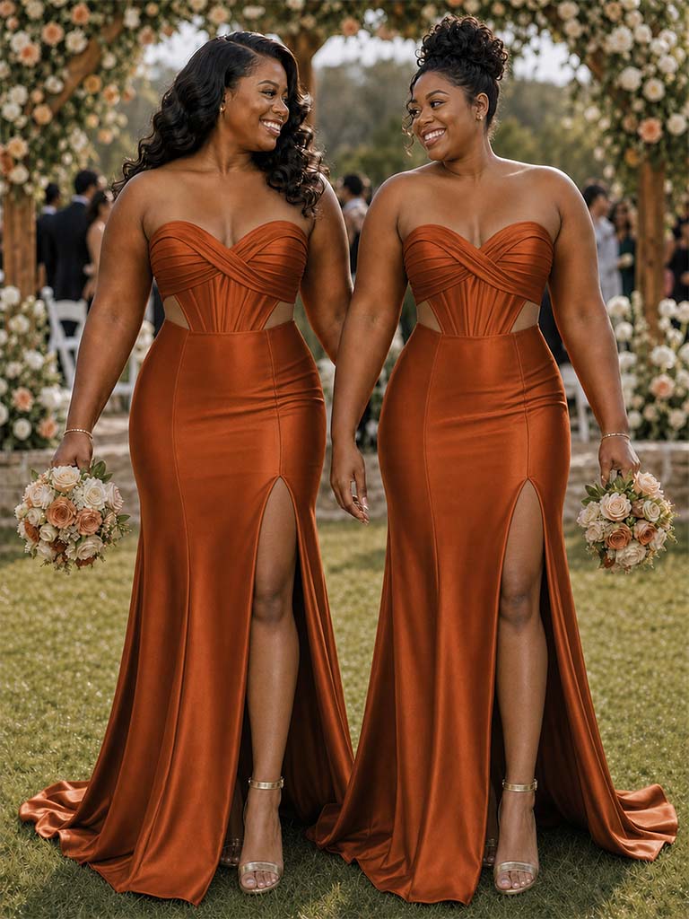 ChicSew Sexy Sweetheart Ruching Side Slit Mermaid Soft Satin Long Bridesmaid Dresses
