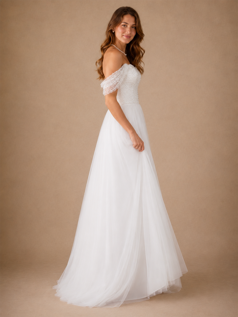 ChicSew Elegant Off The Shoulder Sleeveless Beading Tulle A-Line Long Wedding Dress