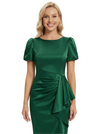 Chicsew Elegant Jewel Puff Sleeves Ruffle Satin Sheath Mother Of The Bride Dresses