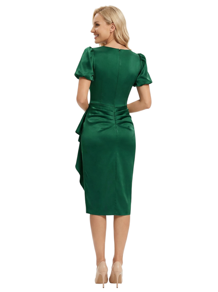 Chicsew Elegant Jewel Puff Sleeves Ruffle Satin Sheath Mother Of The Bride Dresses
