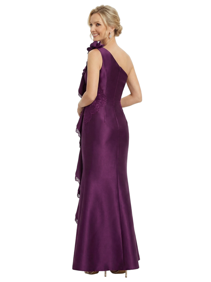 Chicsew Morden One Shoulder Lace Appliques Ruffle Satin Mermaid Mother of The Bride Dresses