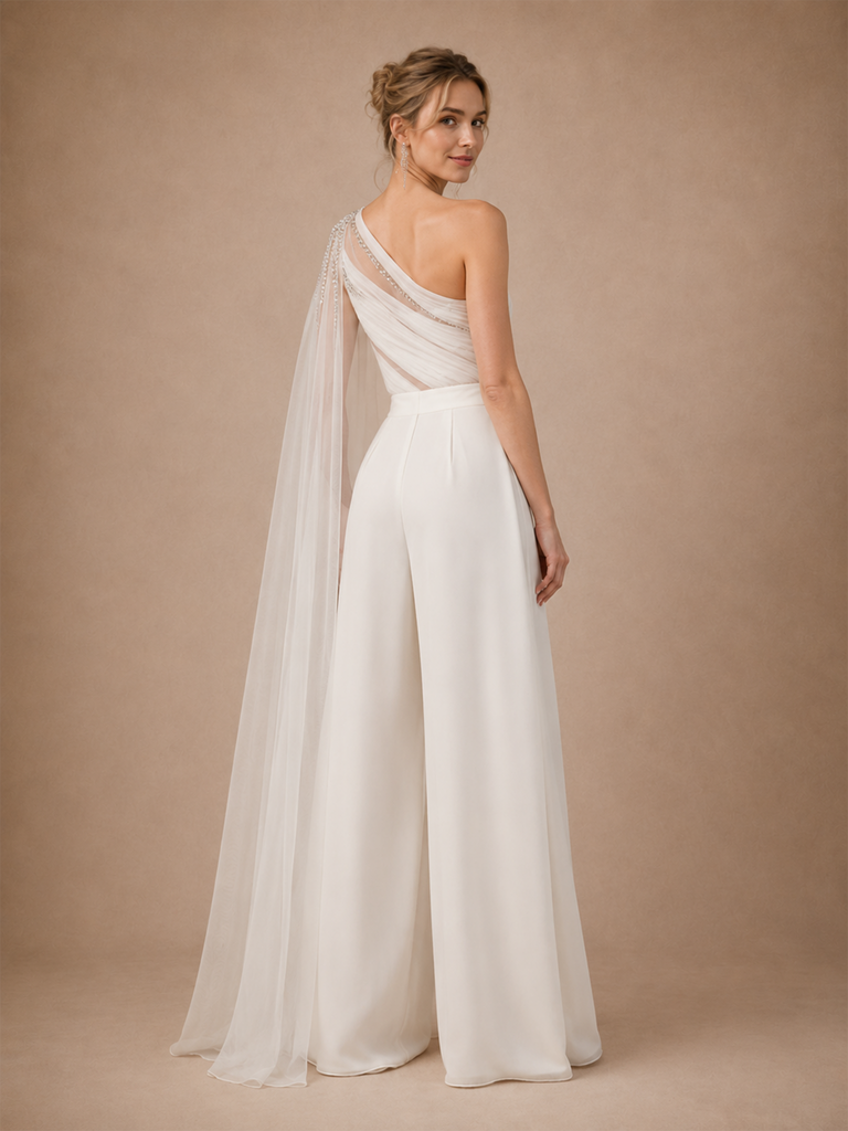 ChicSew Modern One Shoulder Chiffon Ruched Wedding Jumpsuit With Beaded Tulle Cape Sleeve