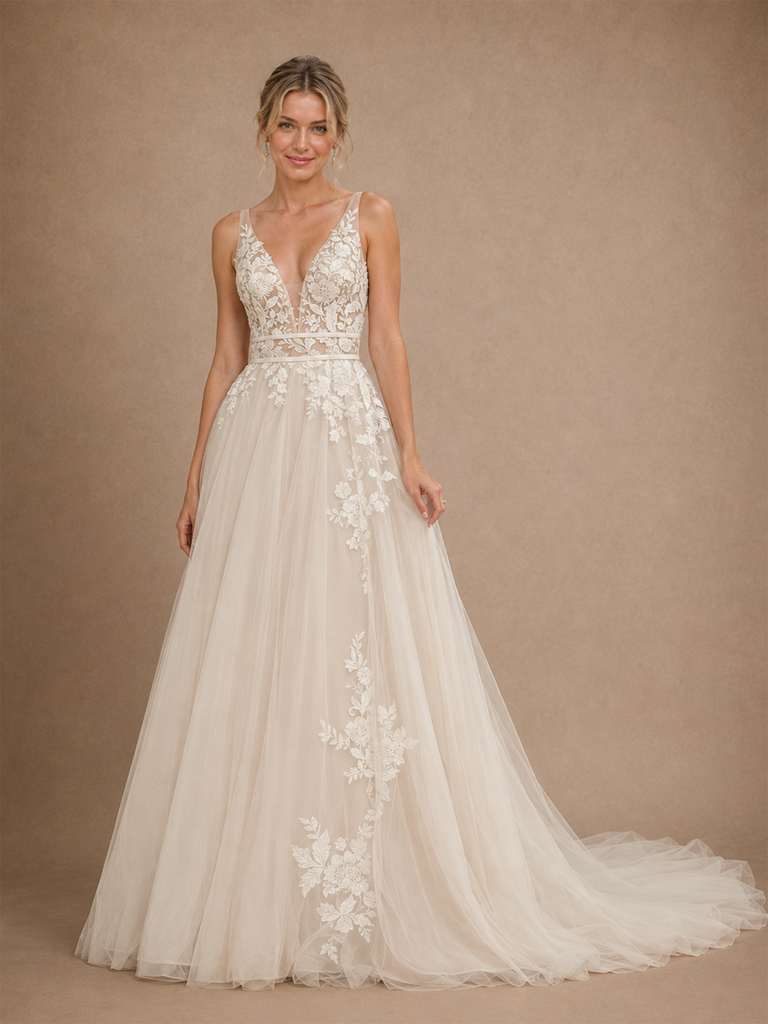 ChicSew Fancy Spaghetti Straps Tulle Lace Appliques A-Line Maxi Wedding Dress