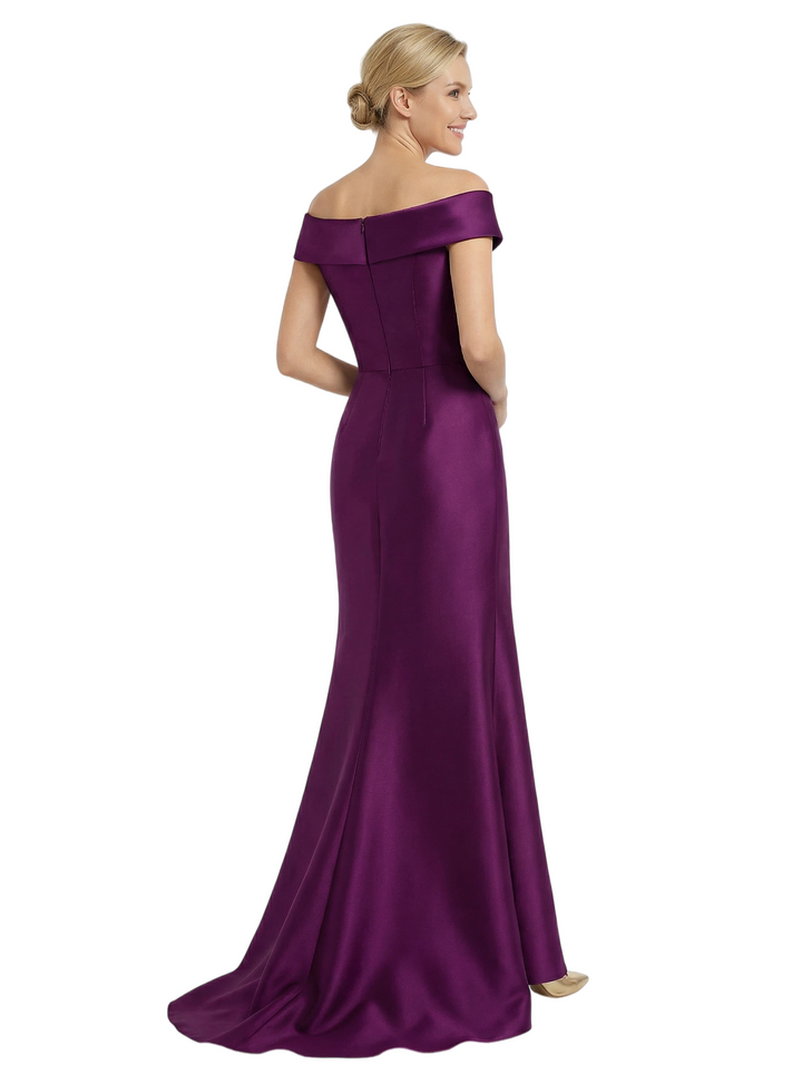 Chicsew Elegant Off Shoulder Applique High-Low Satin Mermaid Mother of The Bride Dresses