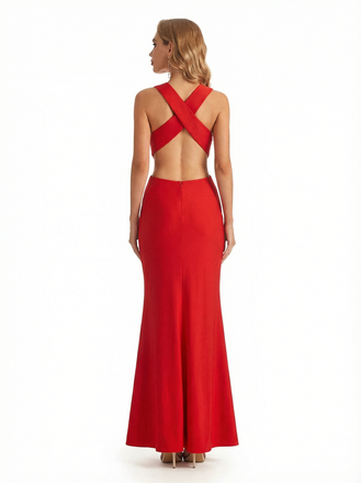 Sexy V-neck Side Slit Jersey Mermaid Floor Length Evening Formal Dresses