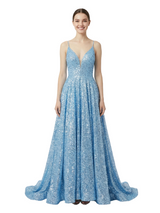 Sparkly Spaghetti Straps Sleeveless A-Line Sequin Long Evening Prom Dresses