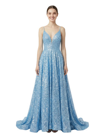 Sparkly Spaghetti Straps Sleeveless A-Line Sequin Long Evening Prom Dresses