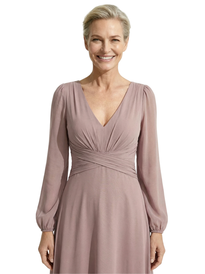 Elegant V-Neck Ruched Chiffon Mother Of The Bride Dress Long Sleeves Maxi Gown