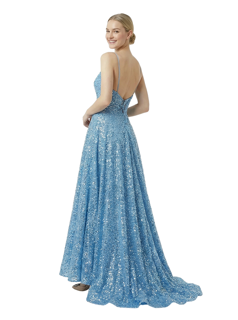 Sparkly Spaghetti Straps Sleeveless A-Line Sequin Long Evening Prom Dresses
