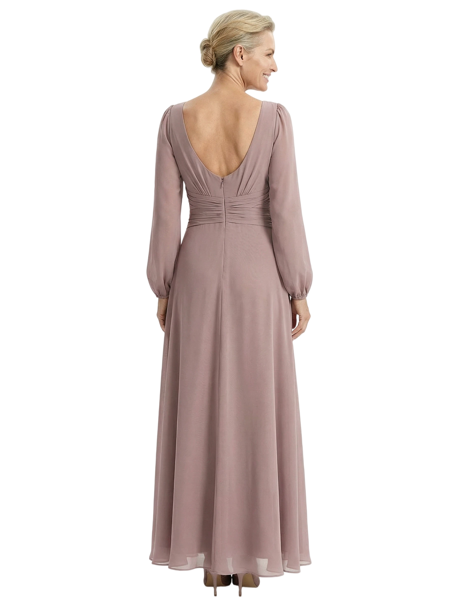 Elegant V-Neck Ruched Chiffon Mother Of The Bride Dress Long Sleeves Maxi Gown