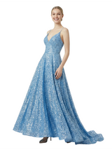 Sparkly Spaghetti Straps Sleeveless A-Line Sequin Long Evening Prom Dresses