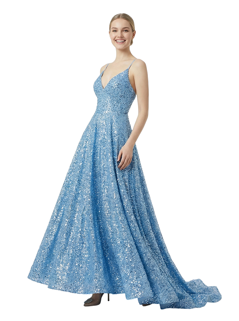 Sparkly Spaghetti Straps Sleeveless A-Line Sequin Long Evening Prom Dresses
