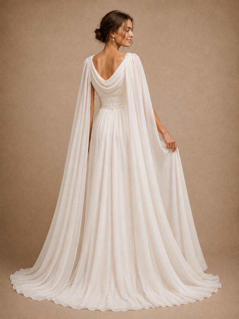 ChicSew Elegant Unique V-Neck Ruching Long Sleeves Chiffon A-Line Long Wedding Dress