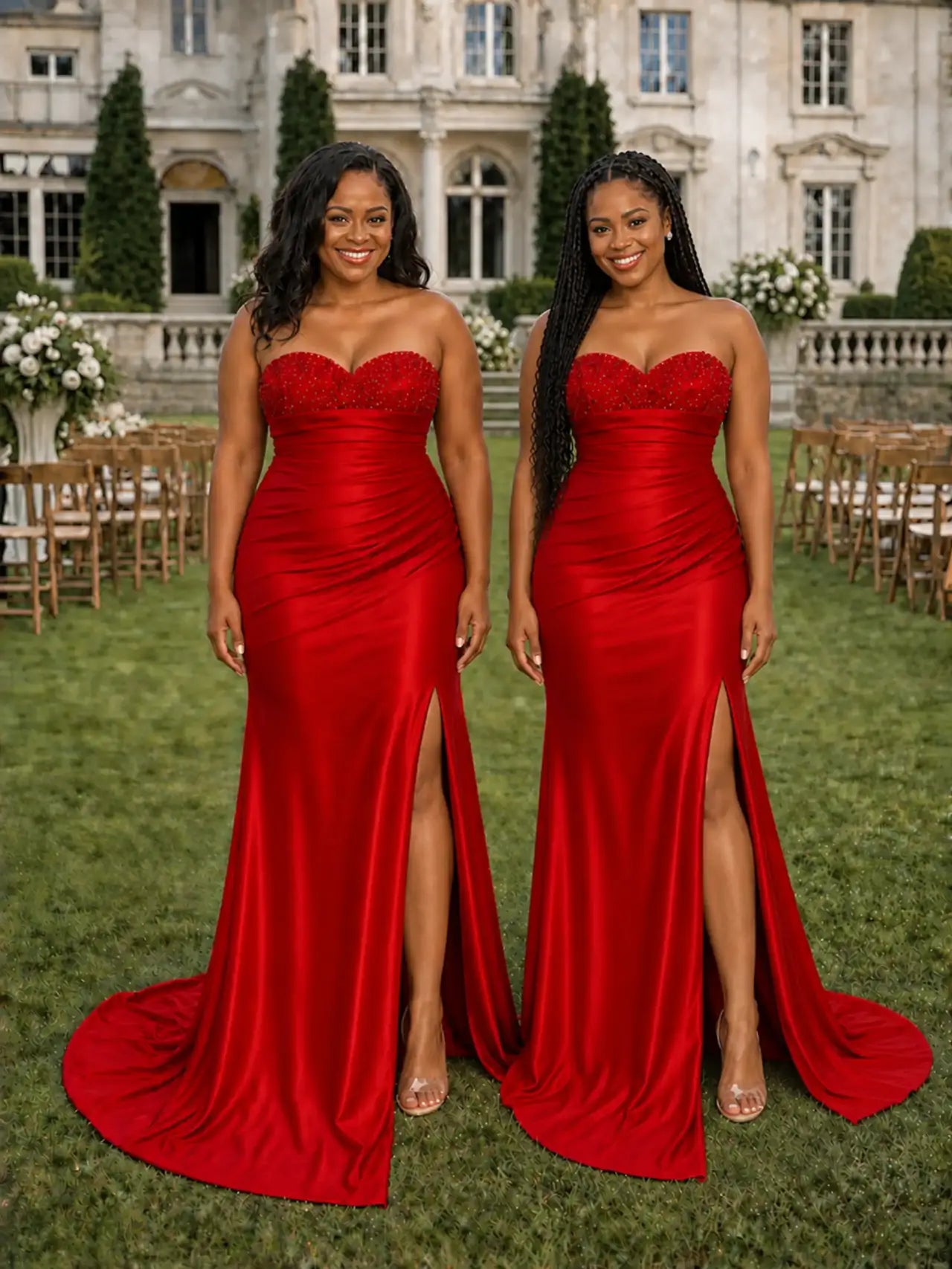 ChicSew Sexy Sweetheart Beading Ruched Side Slit Mermaid Soft Satin Bridesmaid Dresses