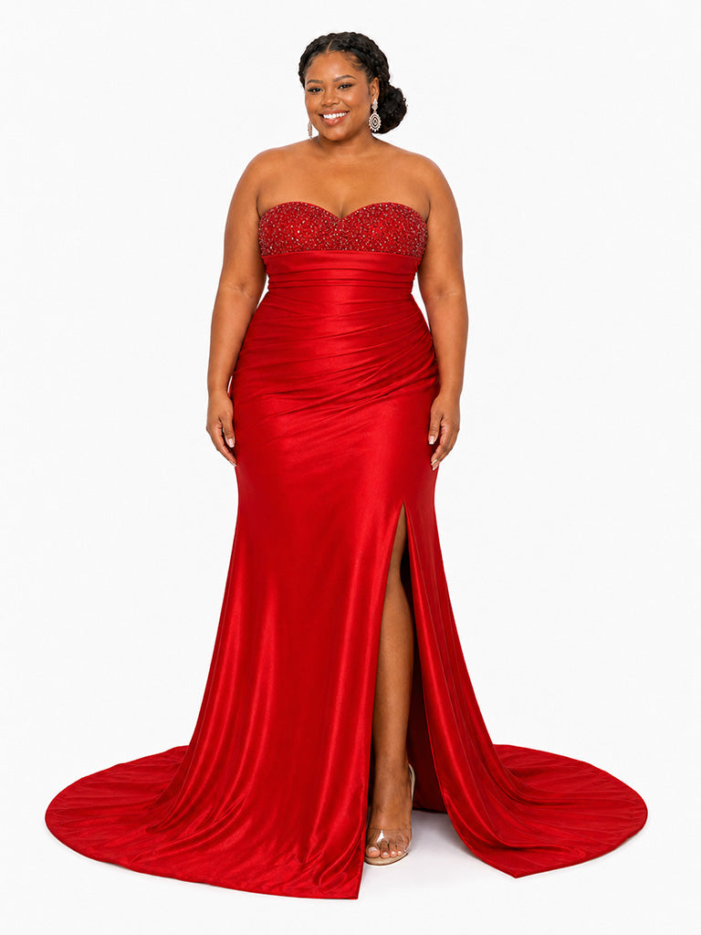 ChicSew Sexy Sweetheart Beading Ruched Side Slit Mermaid Soft Satin Bridesmaid Dresses