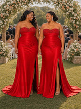 ChicSew Sexy Sweetheart Beading Ruched Side Slit Mermaid Soft Satin Bridesmaid Dresses