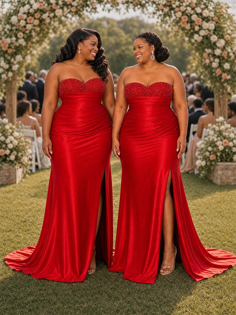 ChicSew Sexy Sweetheart Beading Ruched Side Slit Mermaid Soft Satin Bridesmaid Dresses