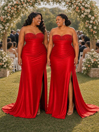 ChicSew Sexy Sweetheart Beading Ruched Side Slit Mermaid Soft Satin Bridesmaid Dresses