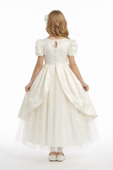 Vintage Style Flower Girl Dress with Puff Sleeves Structured Bodice and Layered Tulle Skirt