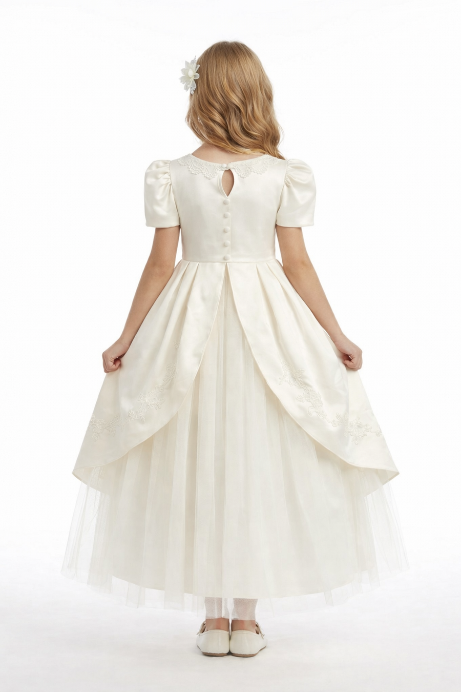 Vintage Style Flower Girl Dress with Puff Sleeves Structured Bodice and Layered Tulle Skirt