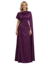 Chicsew Unique Boat Neck Drape Sleeve Mother Of The Groom Dresses Satin Ruched Formal Gown