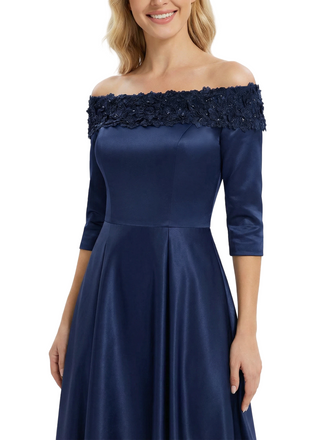 Chicsew Floral Applique Mother Of The Groom Dresses Off Shoulder Satin A-Line Tea-Length Gown