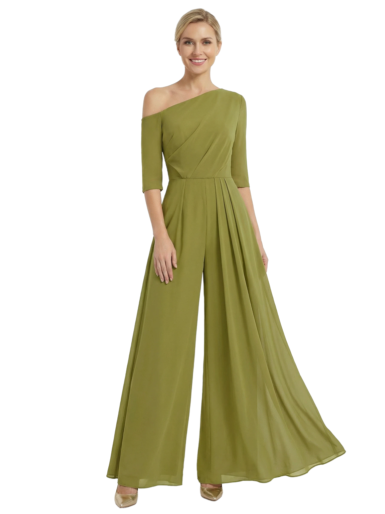 Chicsew Unique Half Sleeves Jumpsuit Mother Of The Bride Chiffon Modern Pantsuit