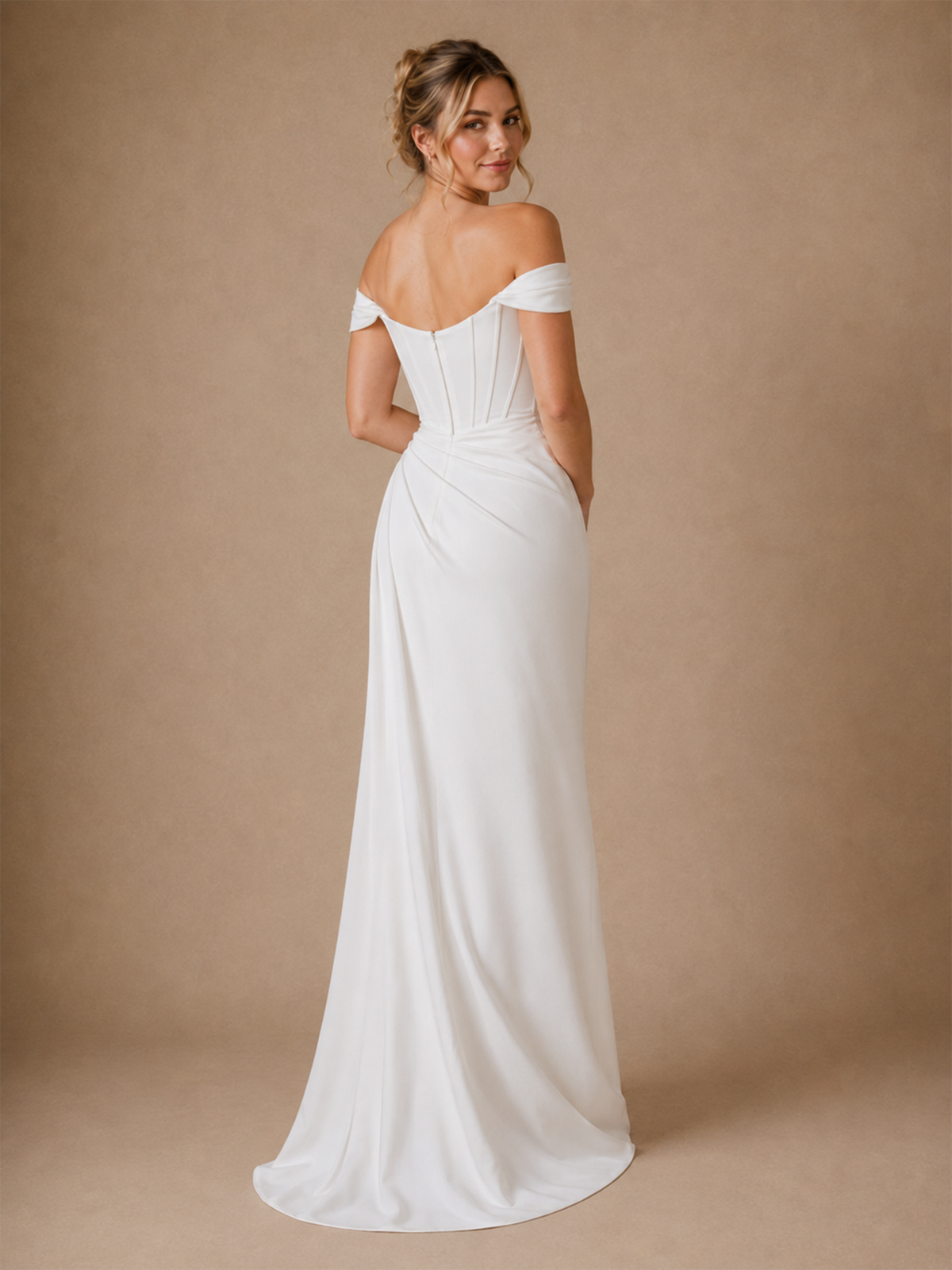 ChicSew Modern Off Shoulder Boning Satin Ruching Long Mermaid Wedding Dress