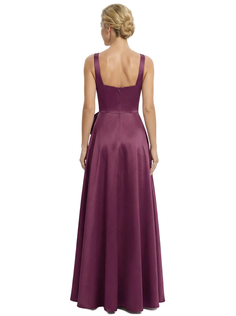 Chicsew Classy Square Neck Satin Side Slit Mother Of The Bride Dresses A-Line Gown With Bow