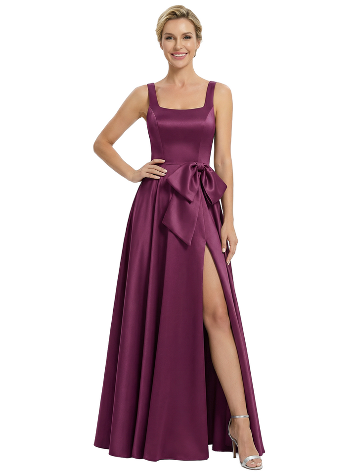 Chicsew Classy Square Neck Satin Side Slit Mother Of The Bride Dresses A-Line Gown With Bow
