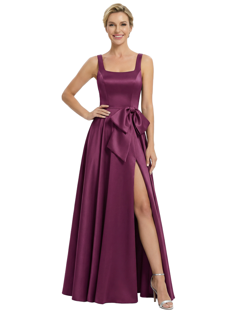 Chicsew Classy Square Neck Satin Side Slit Mother Of The Bride Dresses A-Line Gown With Bow