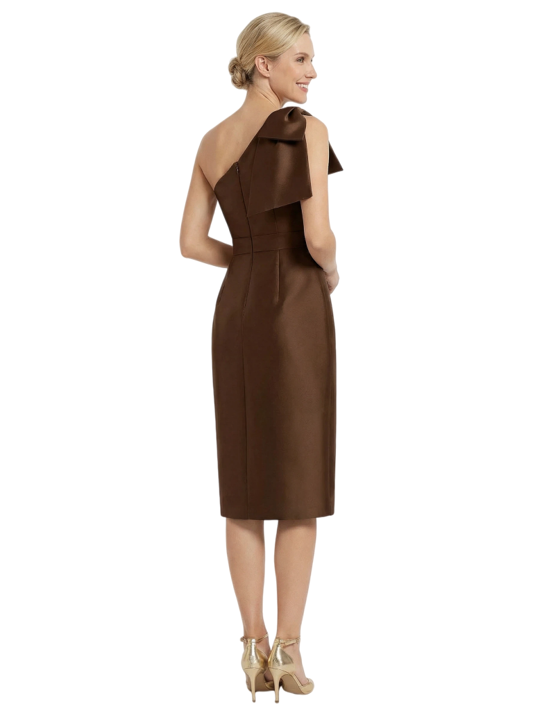 Stylish One Shoulder Satin Midi Dress with Bow Detail Mother of The Groom Dresses