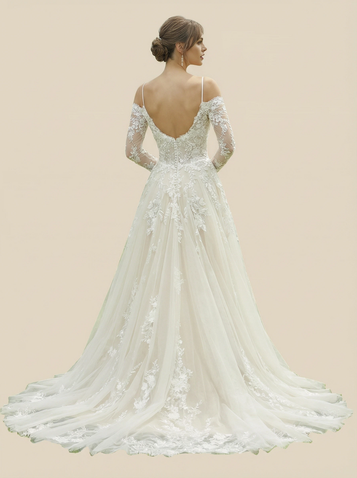 A-Line Long Sleeves Lace Maxi Long Wedding Dresses With Detachable Overskirt