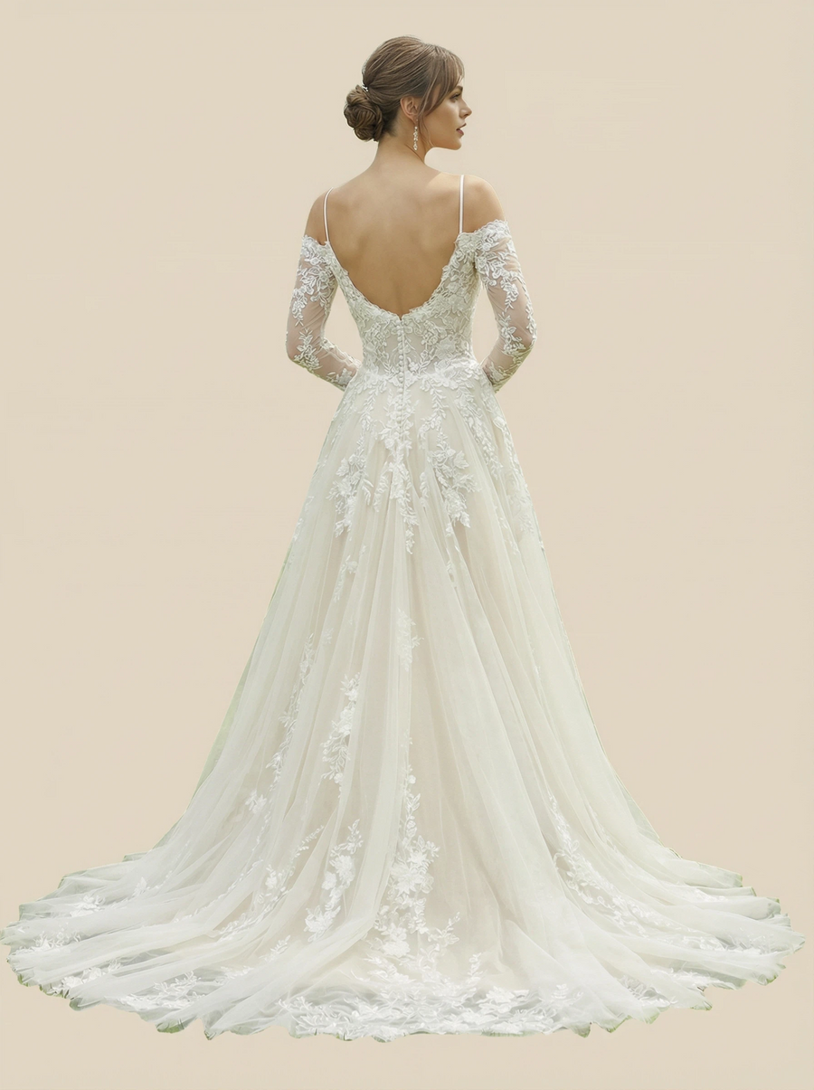 A-Line Long Sleeves Lace Maxi Long Wedding Dresses With Detachable Overskirt