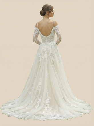 A-Line Long Sleeves Lace Maxi Long Wedding Dresses With Train