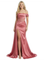 Elegant Off Shoulder Sleeveless Ruched Satin Mermaid Prom Dress With Side Overlay