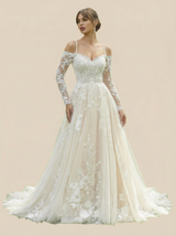 A-Line Long Sleeves Lace Maxi Long Wedding Dresses With Detachable Overskirt