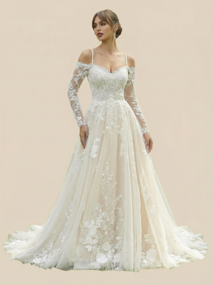 A-Line Long Sleeves Lace Maxi Long Wedding Dresses With Detachable Overskirt