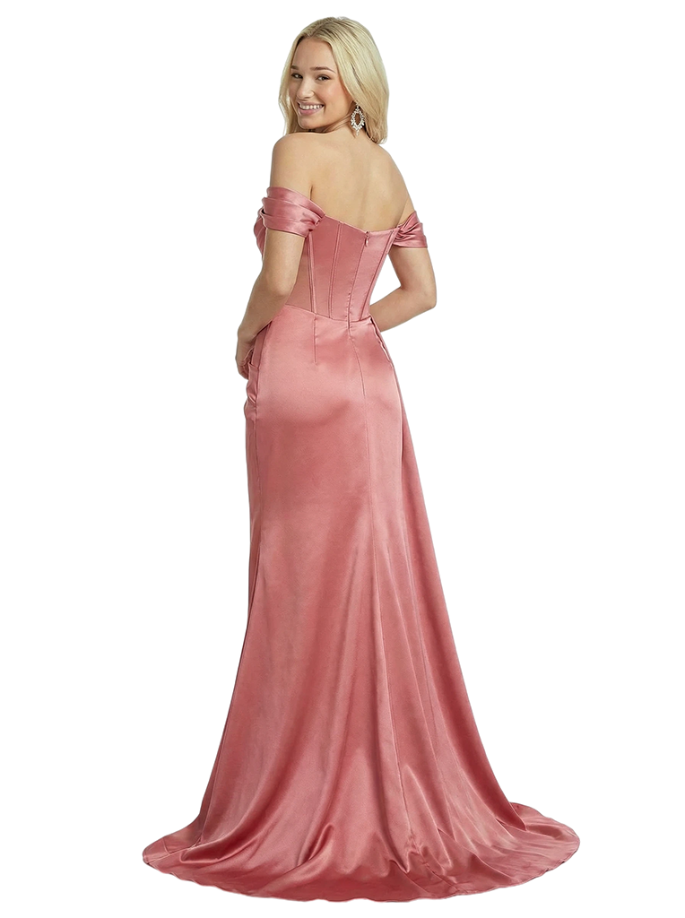 Elegant Off Shoulder Sleeveless Ruched Satin Mermaid Prom Dress With Side Overlay