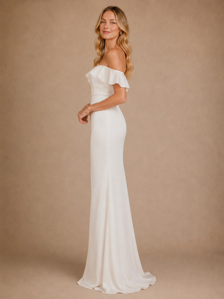 ChicSew Elegant Ruffled Off The Shoulder Satin Mermaid Floor-Length Wedding Dress