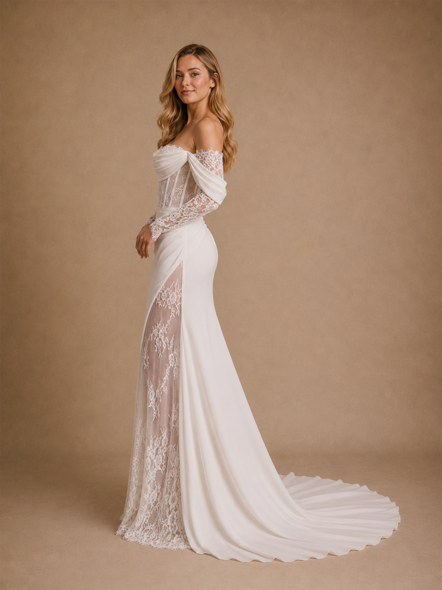 ChicSew Beautiful Unique Sweetheart Boning Long Sleeves Ruched Mermaid Lace Chiffon Maxi Wedding Dress