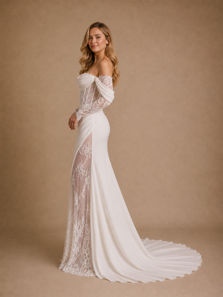 ChicSew Beautiful Unique Sweetheart Boning Long Sleeves Ruched Mermaid Lace Chiffon Maxi Wedding Dress