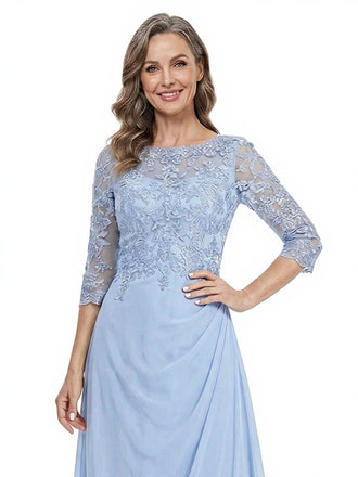 ChicSew Bateau Neck 3/4 Sleeve Lace Applique Chiffon Ankle Length Mother of the Bride Dress